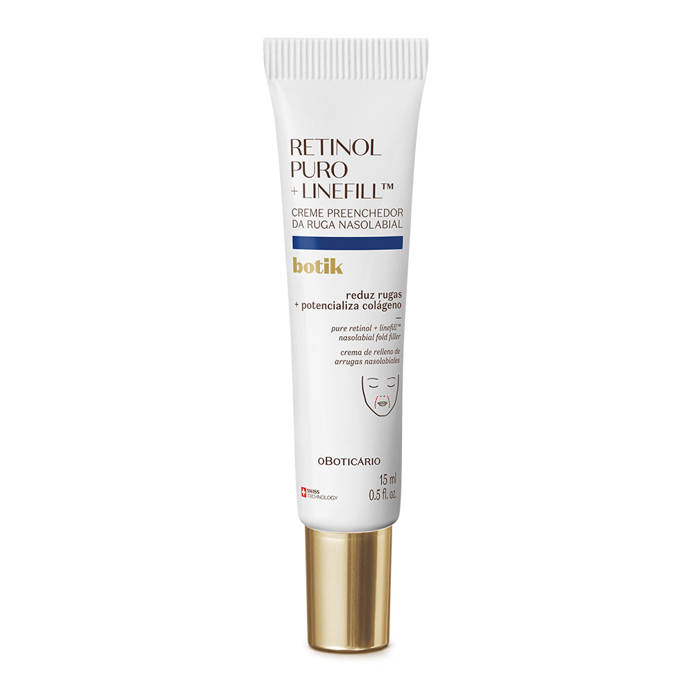 Botik Retinol Puro + LinefillTM Creme Preenchedor da Ruga Nasolabial 15ml Frasco branco com tampa dourada de creme Retinol Puro Linefill