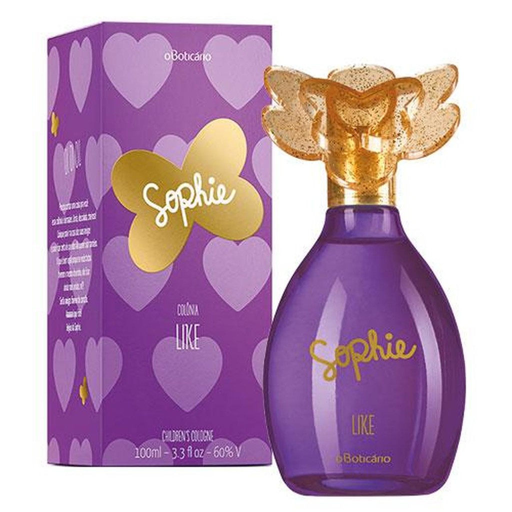 Sophie Like Eau de Toilette 100ml Perfume Sophie Like da O Boticário em frasco roxo com tampa dourada e caixa roxa com corações
