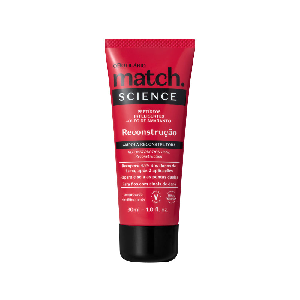 Embalagem vermelha com tampa preta do produto Match Science Reconstrução de 30ml