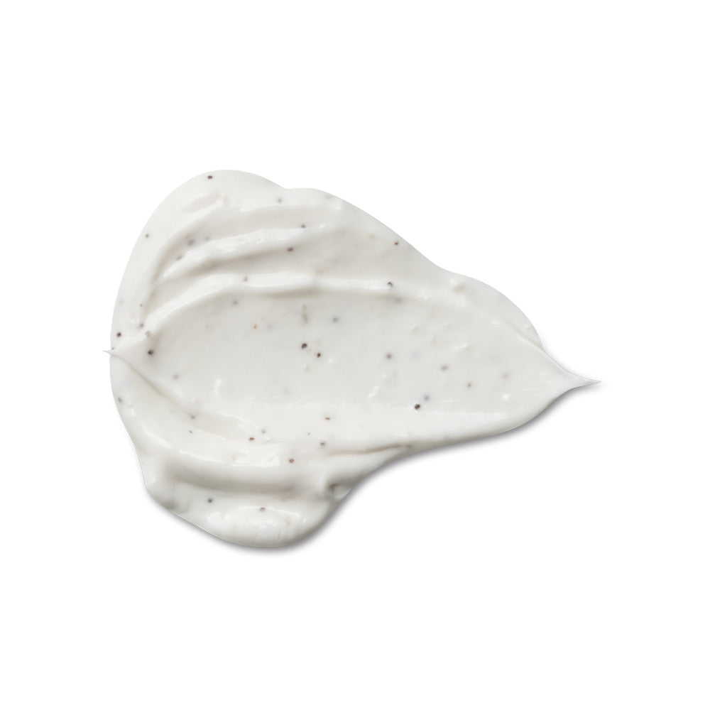 Textura cremosa branca com grânulos pretos