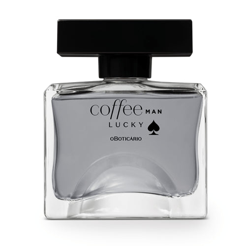 Coffee Man Lucky Eau de Toilette 100ml Frasco de perfume Coffee Man Lucky de O Boticário, vidro transparente com tampa preta.
