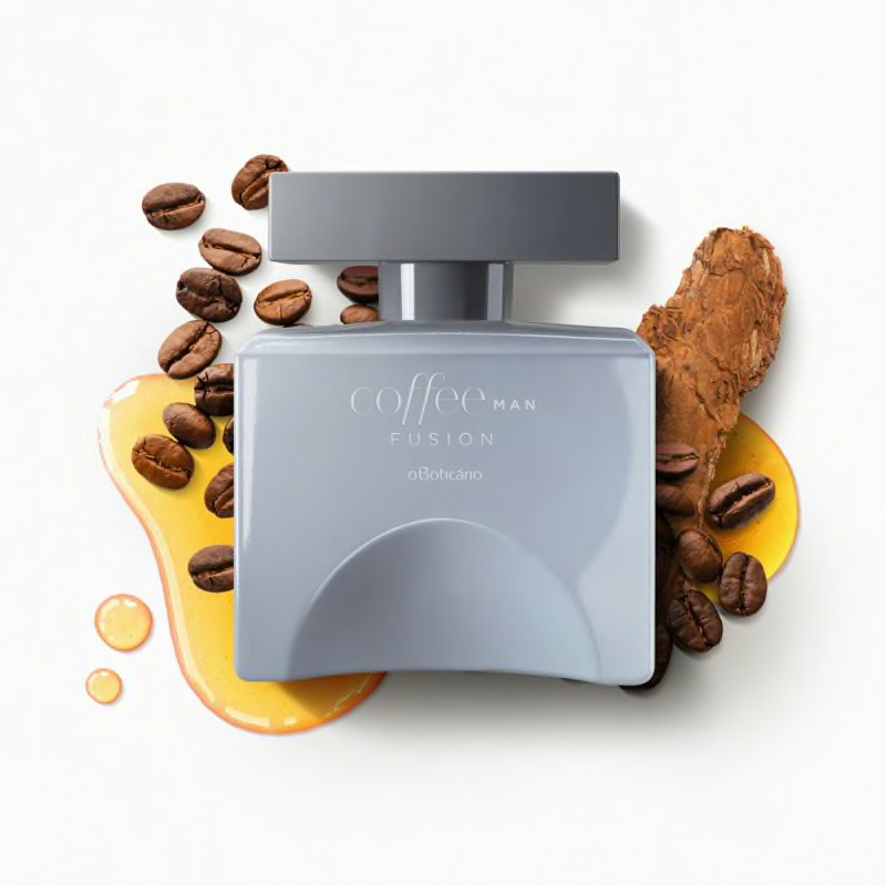 Coffee Man Fusion Eau de Toilette 100ml Frasco de perfume cinzento rodeado por grãos de café e canela