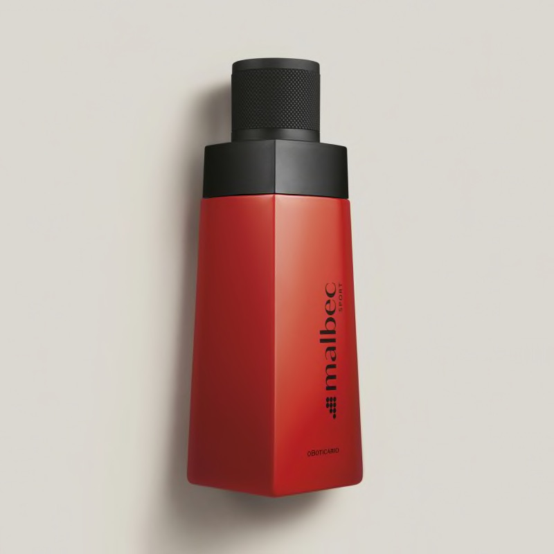 Malbec Sport Eau de Toilette 100ml Frasco de perfume vermelho com tampa preta e letras pretas sobre fundo claro.