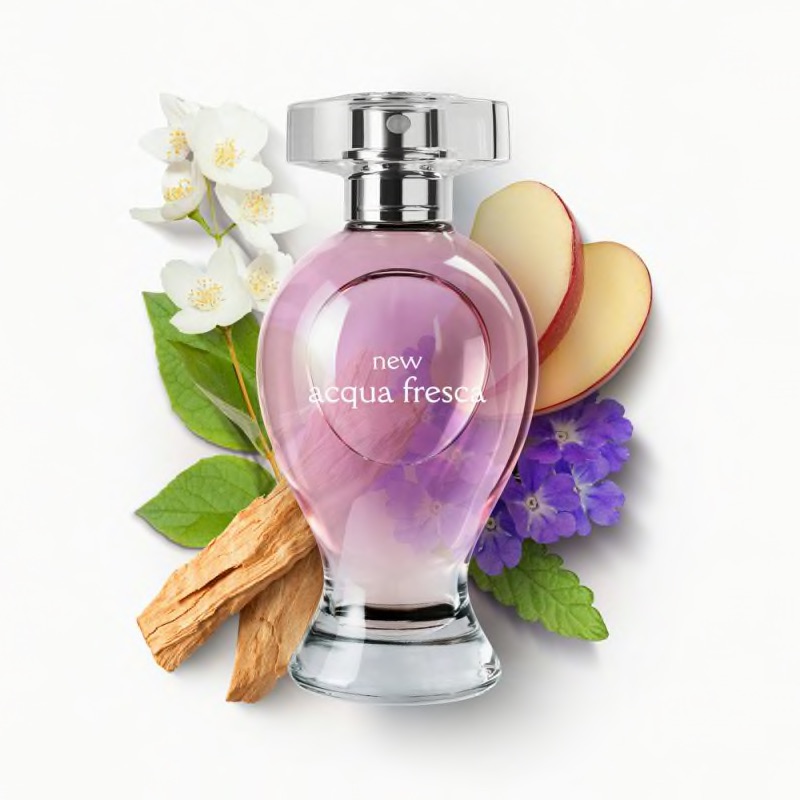 New Acqua Fresca Eau de Toilette 100ml Frasco de perfume rosa claro com flores, madeira, folhas e maçã ao fundo