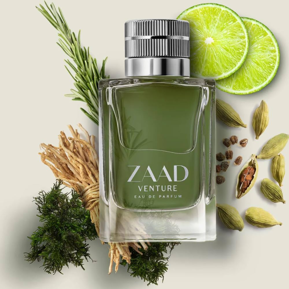 Zaad Venture Eau de Parfum 95ml Frasco de perfume verde Zaad Venture com ingredientes naturais ao redor