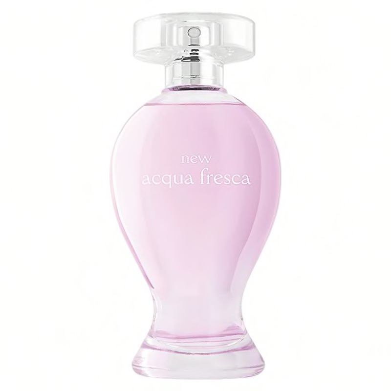 New Acqua Fresca Eau de Toilette 100ml Frasco de perfume rosa translúcido com tampa transparente e texto 'new acqua fresca'.