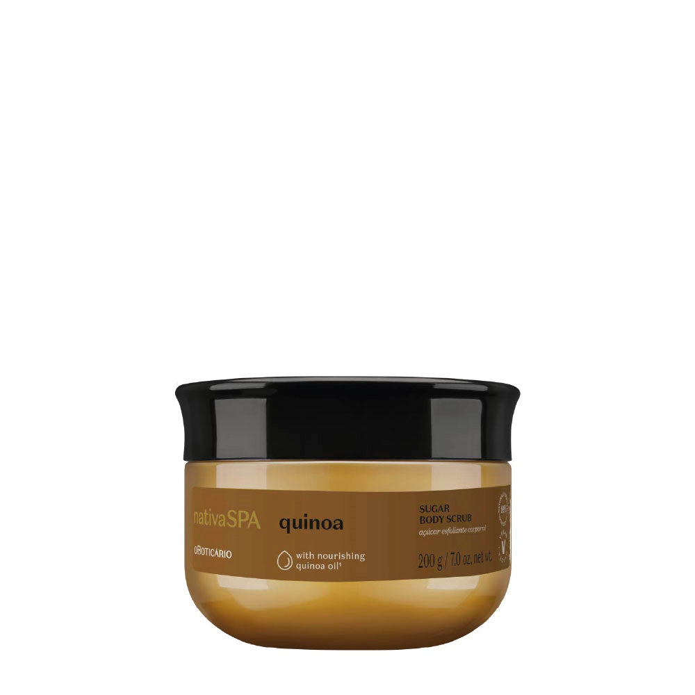 Nativa SPA Açúcar Esfoliante Quinoa 200g Esfoliante corporal ativaSPA quinoa em frasco dourado com tampa preta