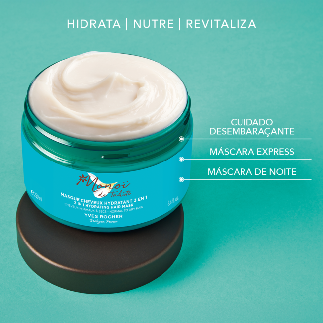 Monoï Máscara Capilar Hidratante 3 em 1 250ml Máscara de cabelo hidratante 3 em 1 Yves Rocher Monoi de Tahiti com embalagem azul e creme branco