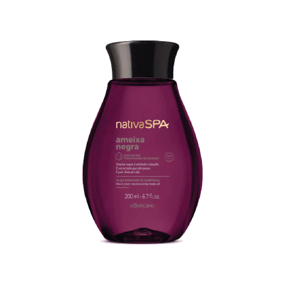 Nativa SPA Óleo Hidratante Ameixa Negra 200ml Frasco roxo translúcido de nativa SPA ameixa negra com tampa preta