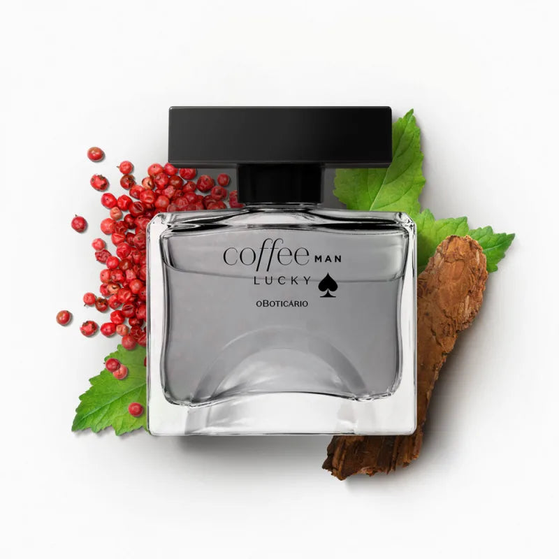 Coffee Man Lucky Eau de Toilette 100ml Frasco de perfume Coffee Man Lucky com bagas, folha verde e casca de madeira