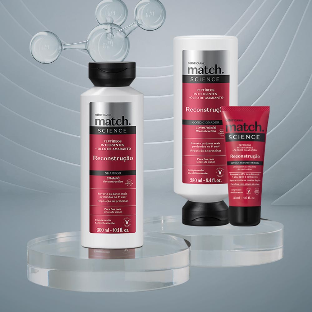 Match Science Reconstrução Condicionador 280ml Produtos match.SCIENCE Reconstrução em frascos brancos e vermelhos sobre bases transparentes