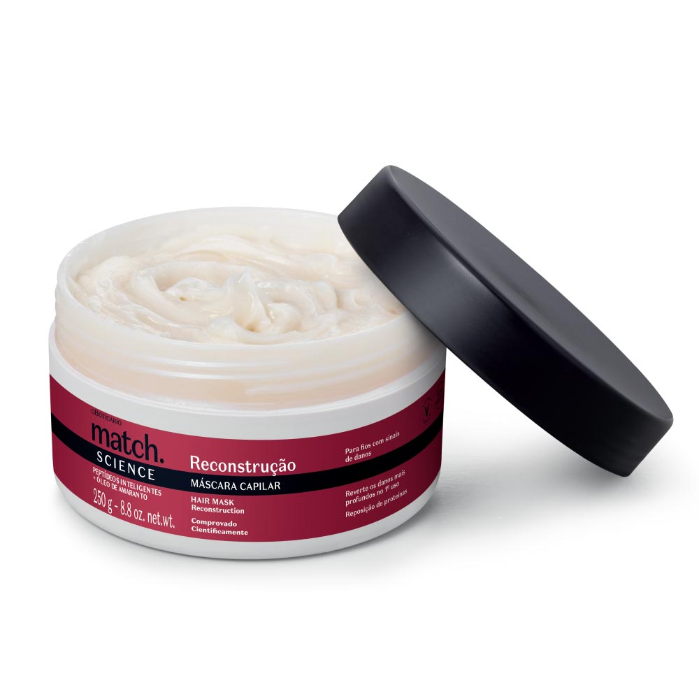 Match Science Reconstrução Máscara Capilar 250g Máscara capilar com embalagem branca e tampa preta aberta