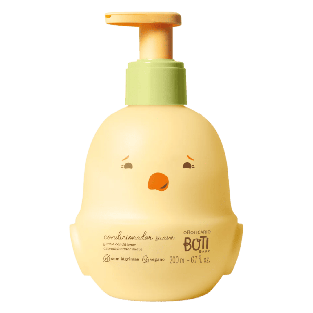 Boti Baby Condicionador Suave 200ml Frasco amarelo claro de condicionador para bebé com imagem de pássaro e dispenser