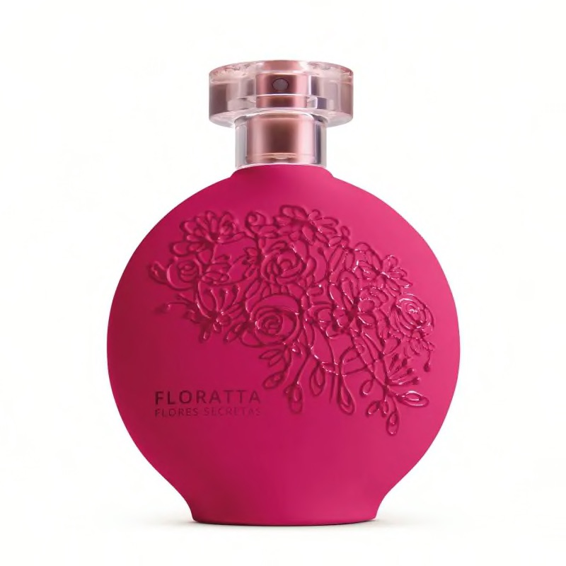Floratta Flores Secretas Eau de Toillete 75ml Frasco de perfume rosa com relevo floral e tampa transparente