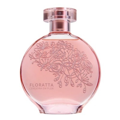 frasco redondo de perfume cor-de-rosa com decoração floral e texto FLORATTA CEREJEIRA EM FLOR