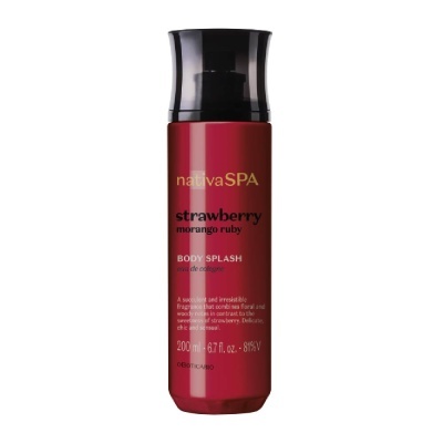 Frasco vermelho com tampa preta translúcida de Body Splash Nativa SPA morango ruby