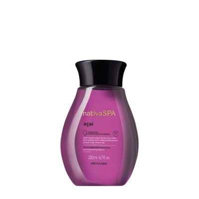 Frasco plástico roxo translúcido do produto nativa SPA açaí com tampa preta