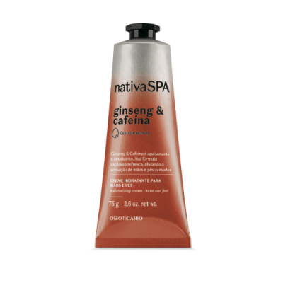 Frasco castanho e bege de creme hidratante para mãos e pés Nativa SPA ginseng & cafeína