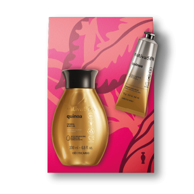 Conjunto O Boticário Nativa SPA quinoa com frasco dourado e tubo prateado em caixa rosa decorada
