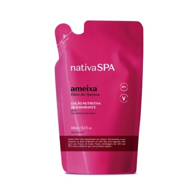 Embalagem rosa fúcsia de loção nutritiva desodorante Nativa SPA ameixa óleo de quinoa 400ml