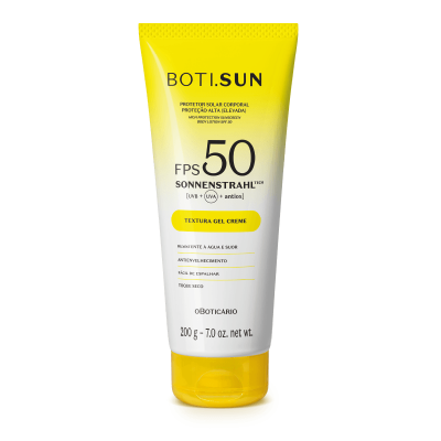 Tubo de protetor solar Boti.Sun FPS 50 branco e amarelo