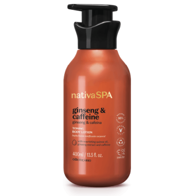 Frasco laranja com doseador preto do hidratante corporal Nativa SPA ginseng & caffeine 400 ml
