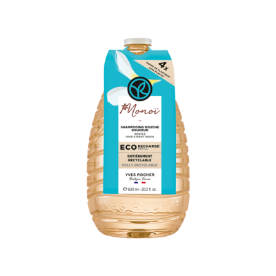 Frasco grande de shampoo Monoi com rótulo azul e branco