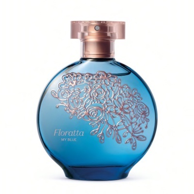 Frasco azul arredondado de perfume com desenhos florais e tampa rosa dourada