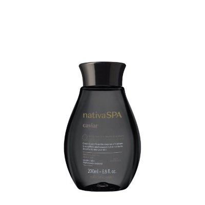 Frasco preto do produto nativaSPA caviar com texto dourado e branco
