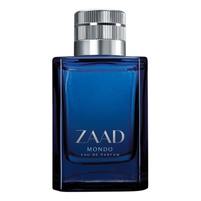 Frasco azul escuro de perfume ZAAD MONDO com tampa prateada