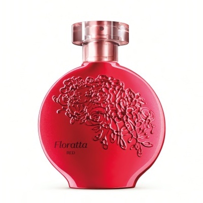 Garrafa vermelha de perfume Floratta RED com decoração floral