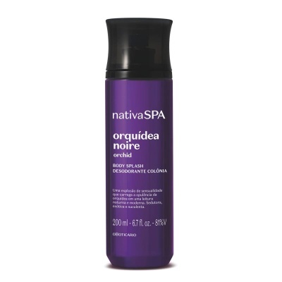 Frasco roxo de desodorizante corpo Nativa SPA orquídea noire com tampa preta