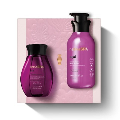 Produtos de beleza nativa SPA açaí em frascos roxos com tampa preta sobre fundo rosa texturizado