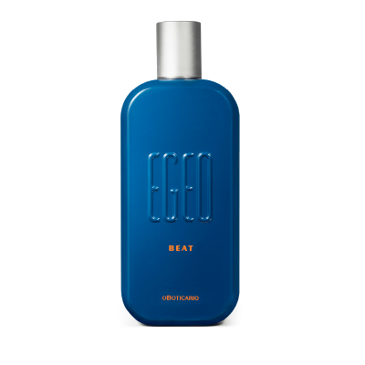 frasco azul de eau de toilette com texto ECO, BEAT e O BOTICARIO