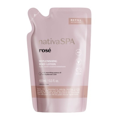 Embalagem rosa de recarga de loção corporal Nativa SPA Rosé 400ml