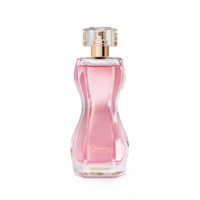 Frasco de perfume de vidro cor de rosa com tampa transparente e dourada