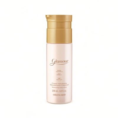 Frasco de creme hidratante corporal Glamour do O Boticário com doseador dourado