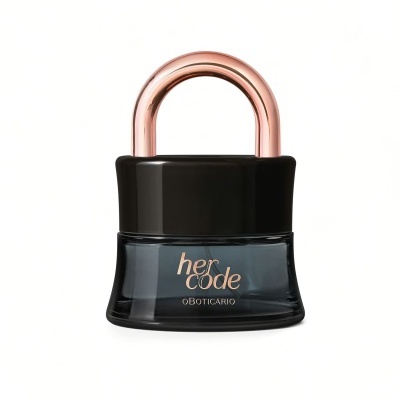 Frasco de perfume em formato de cadeado azul escuro com tampa preta e arco rosa dourado