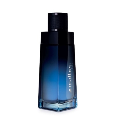 Frasco de perfume Malbec azul e preto com tampa preta texturada