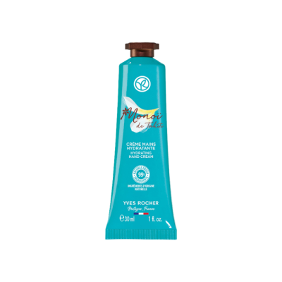 Creme para mãos hidratante Yves Rocher Monoi de Tahiti em tubo azul turquesa.