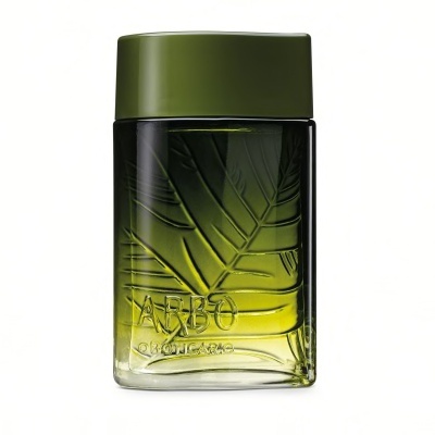 Frasco de perfume verde com padrão de folhas e tampa verde