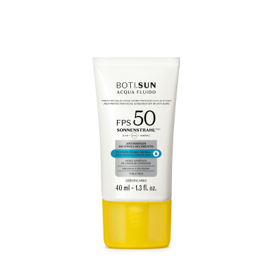 Frasco branco e amarelo de protetor solar FPS 50 da marca BOTI.SUN