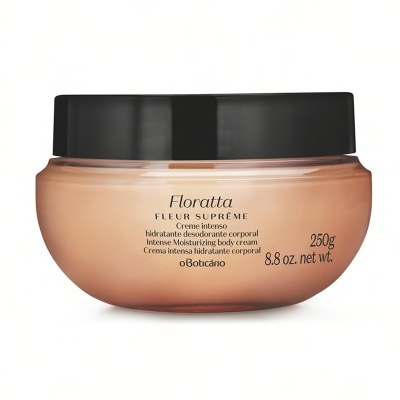 Creme hidratante corporal Floratta Fleur Suprême embalagem rosa claro com tampa preta