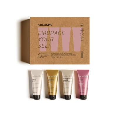 Kit de cremes nativaSPA com embalagem de cartão reciclado e quatro tubos coloridos