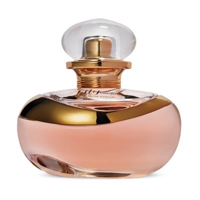 Frasco de perfume Cartier com tampa transparente e detalhes dourados