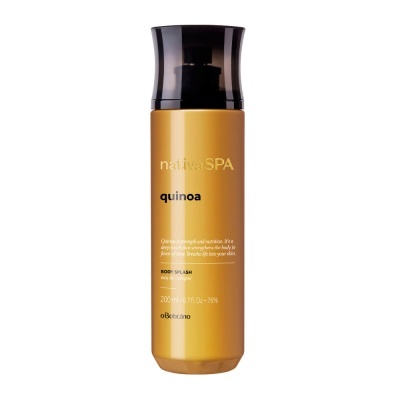 Frasco dourado Nativa SPA quinoa com tampa preta e texto branco
