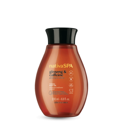 Frasco âmbar translúcido de óleo corporal nativaSPA com tampa preta