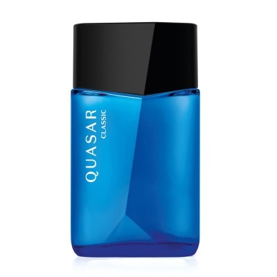 Frasco azul de perfume Quasar Classic com tampa preta
