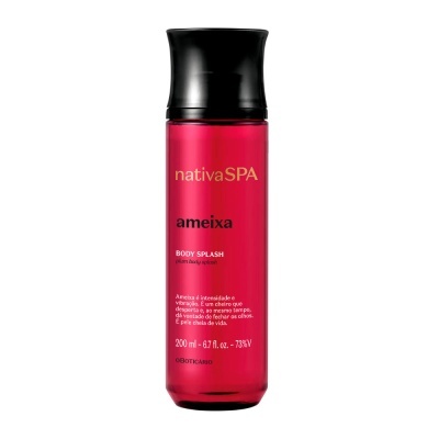 Frasco vermelho translúcido de body splash nativaSPA ameixa com tampa preta