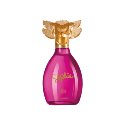 frasco de perfume rosa com tampa dourada em forma de asas e texto Sophie Hello
